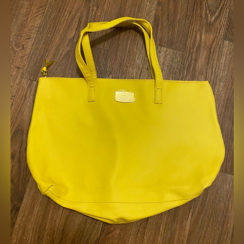 Joy Mangano Womens Bright Yellow Real Leather Tote Bag Purse 12”H X 18”W X 4”